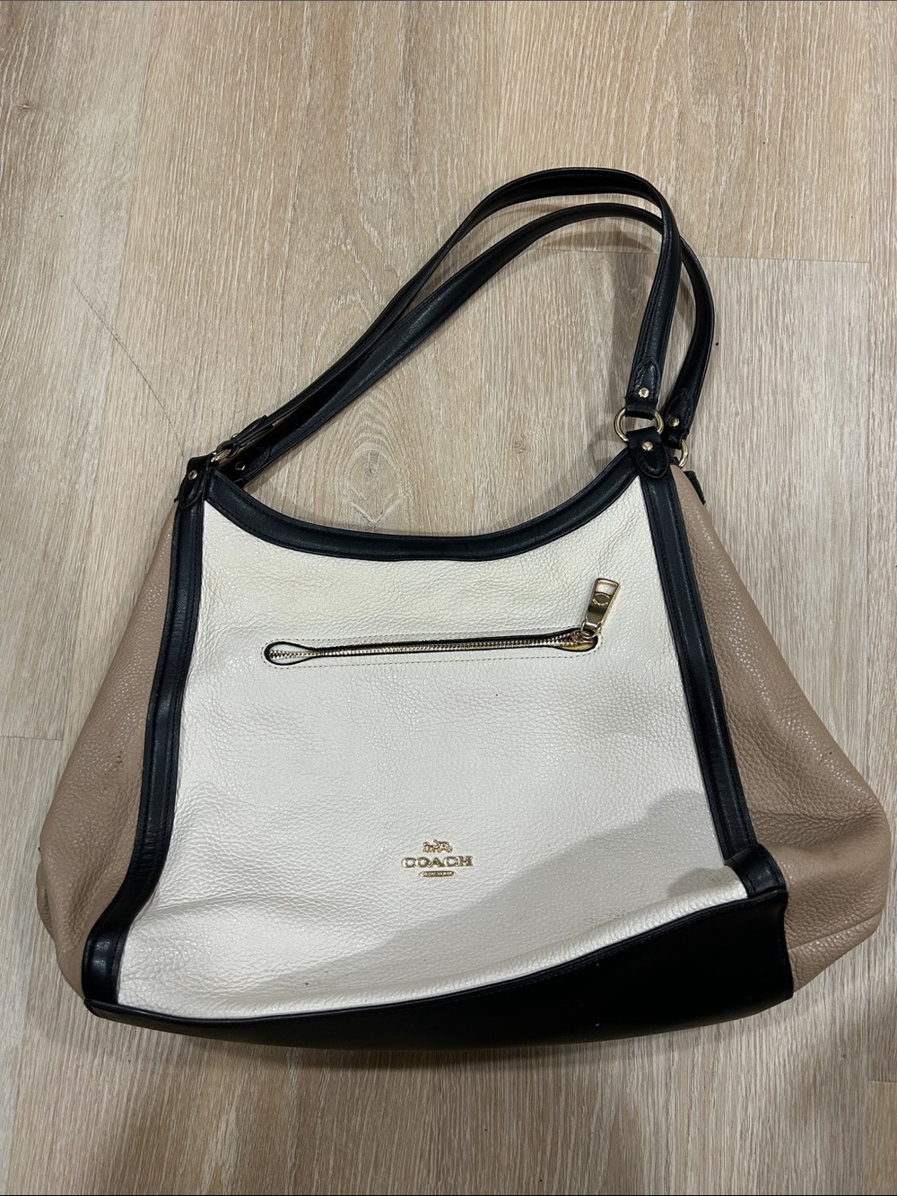 Coach Tri-Color Pebbled Leather Shoulder Bag in White, Black & Taupe